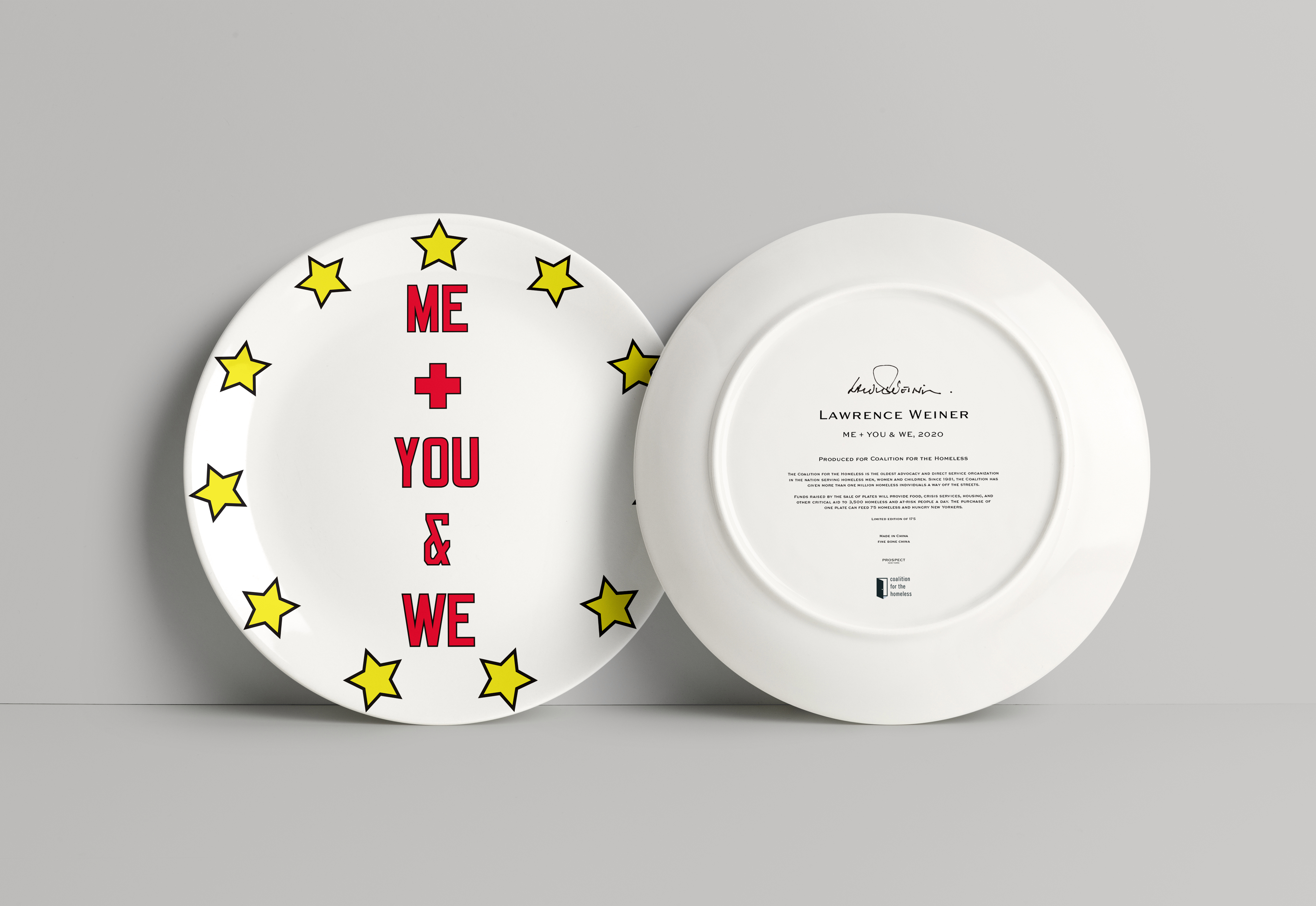 Lawrence Weiner, ME & YOU + WE, 2020 for the Coalition for the Homeless's Artist Plate Project, 2020.