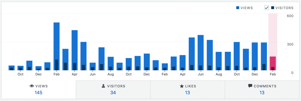 a bar graph of monthly views and visitors with counts of views, visitors, likes, and comments below the graph. 