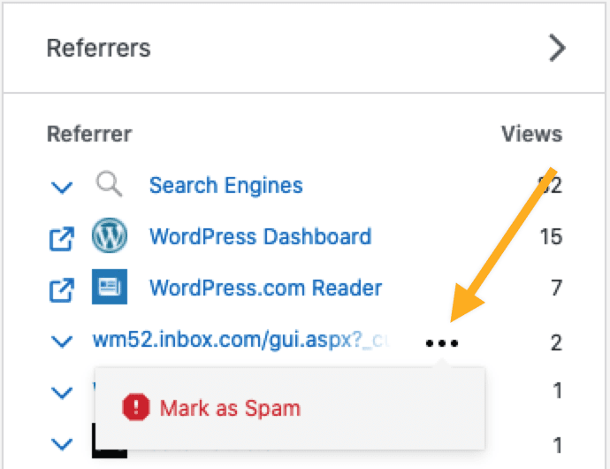 the Referrers section with an arrow pointing to the ellipses menu where the option to "Mark as Spam" can be found.