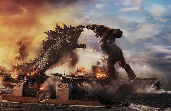 Godzilla battles Kong in Warner Bros. Pictures’ and Legendary Pictures’ action adventure “Godzilla vs. Kong.” (Courtesy of Warner Bros. Pictur