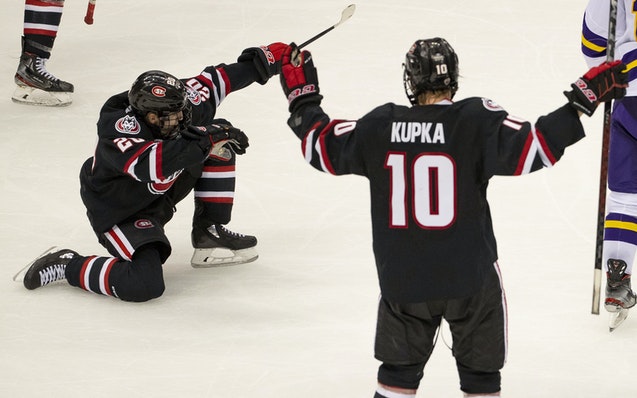 St. Cloud State forward Nolan Walker celebrated after scoring the game-winning goal with under a minute to play in regulation.