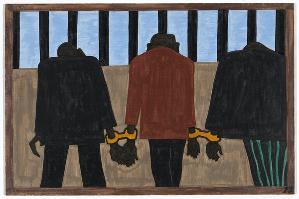 A panel of The Great Migration series by African-American artist Jacob Lawrence.
