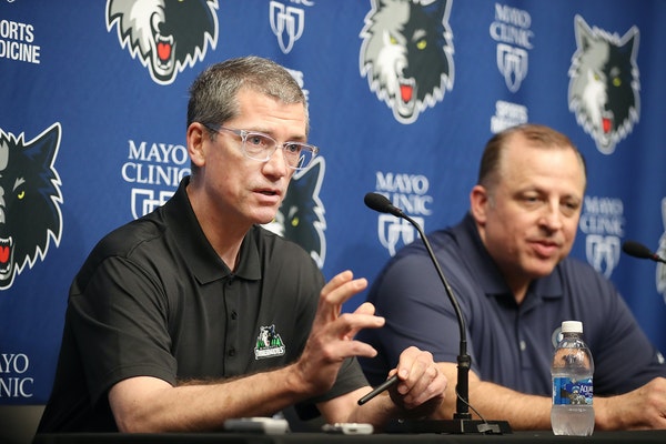 Timberwolves GM Scott Layden, left, and coach Tom Thibodeau discussed the draft during a press conference at the Courts at Mayo Clinic Square, Tuesday