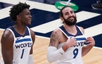 Timberwolves rookie Anthony Edwards (left) on veteran guard Ricky Rubio: “He’s helping me grow and learn. He’s the best leader I’ve been aroun