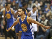 Golden State Warriors guard Stephen Curry (30) after sinking a fourth quarter basket Thursday night. He finished the game with 46 points.