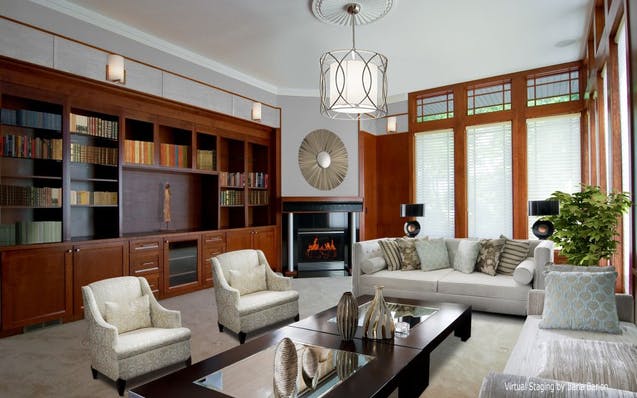 The living room of this Prairie-style home in northeast Minneapolis was photographed empty, then the photo was enhanced (as shown here) by stager Ilar