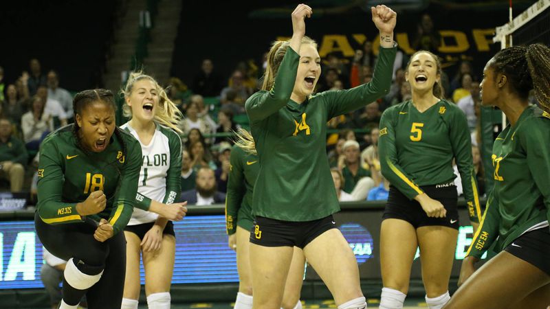 The Bears celebrate at the Ferrell Center early in the season