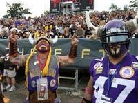 Vikings super fans Sid Davey and David Garza showed up in Canton to support the Vikings during their 1st preseason game of the season.