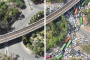Comparaison de la circulation entre le confinement (à gauche) et une période normale (à droite), à New Delhi, en Inde.