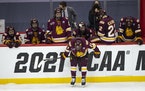 UMD players reacted to losing to UMass, 3-2 in overtime. The Bulldogs had their hopes of an NCAA record fourth straight national championship appearan