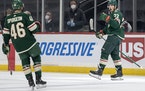 Kevin Fiala (22) of the Wild celebrated a goal in the first period.