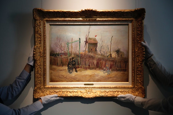 “Scene de rue à Montmartre” (Street scene in Montmartre), a painting by Dutch master Vincent van Gogh, at Sotheby’s auction house in Paris. 