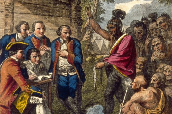Pontiac, an Ottawa Indian, confronts Colonel Henry Bouquet who authorised his officers to spread smallpox amongst native Americans by deliberately infecting blankets after peace talks in 1764