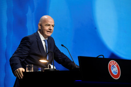 'It is our task to protect the European sport model, so if some elect to go their own way then they must live with the consequences of their choices,' said the chief of world football's governing body, Gianni Infantino [Richard Juilliart/UEFA/Reuters]