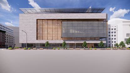 A rendering of the proposed changes Johns Hopkins University plans to make to the former Newseum building in Washington. Hopkins officially purchased the building Monday.