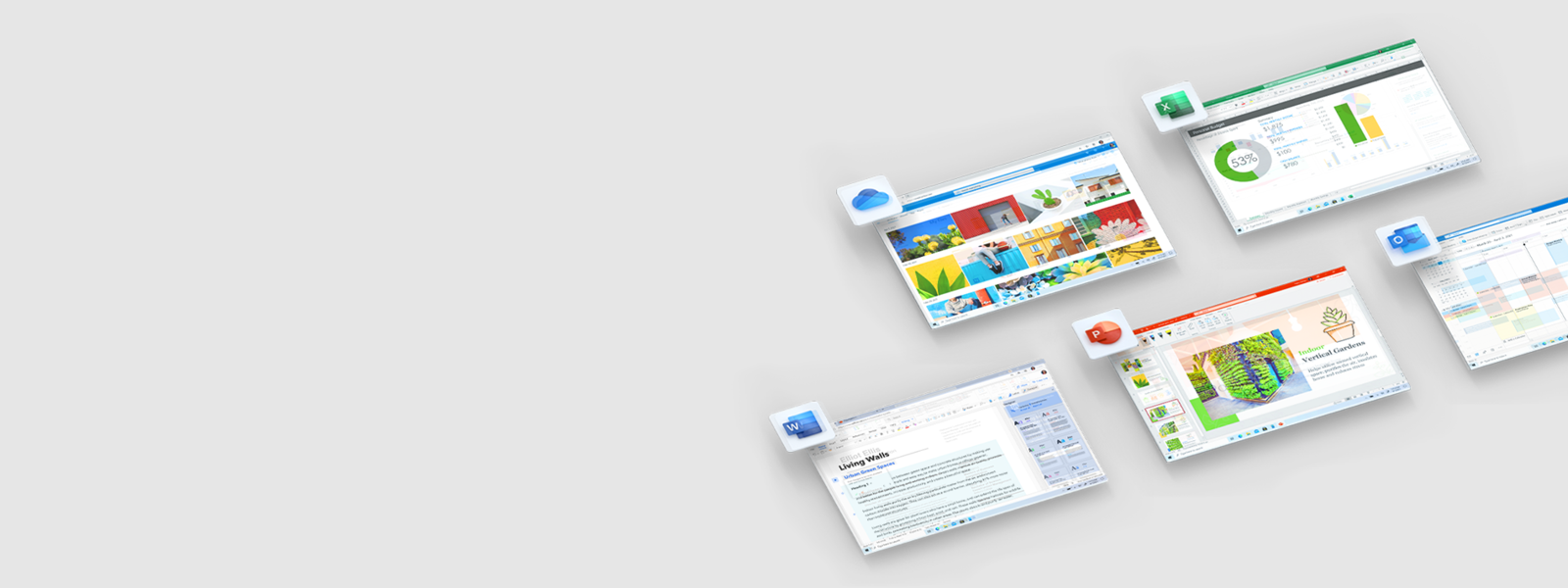 Iconos de pantallas y aplicaciones para las aplicaciones de Office que forman parte de Microsoft 365