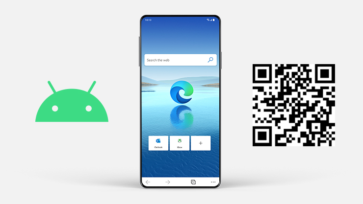 Sigla Android lângă un telefon Android cu Microsoft Edge pe ecran și codul QR.