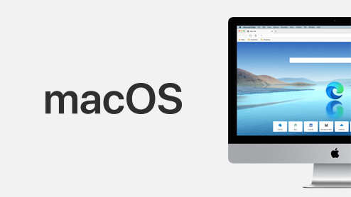 Logo MacOS vedľa monitora Macu s prehliadačom Microsoft Edge na obrazovke.