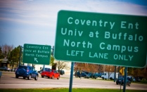 Photo of a road sign on UB's North Campus. 