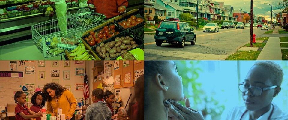 Composition of various conditions impacting health inequities: (clockwise from top left) access to healthy foods, neighborhood, schools, healthcare. 