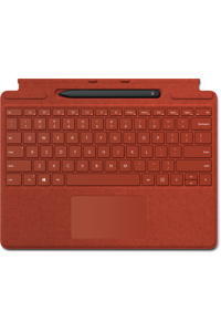 A poppy red Surface Pro X Signature Keyboard with Slim Pen Bundle sits on display.