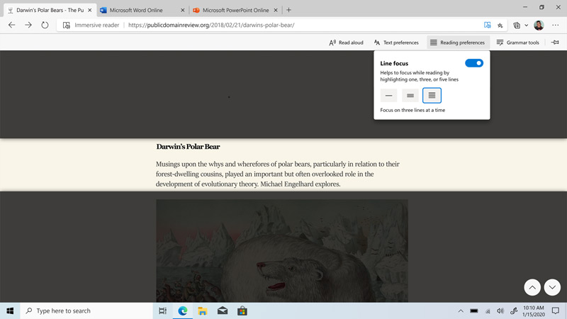Microsoft Edge browser’s Immersive Reader toolbar over an article on Darwin’s polar bear.