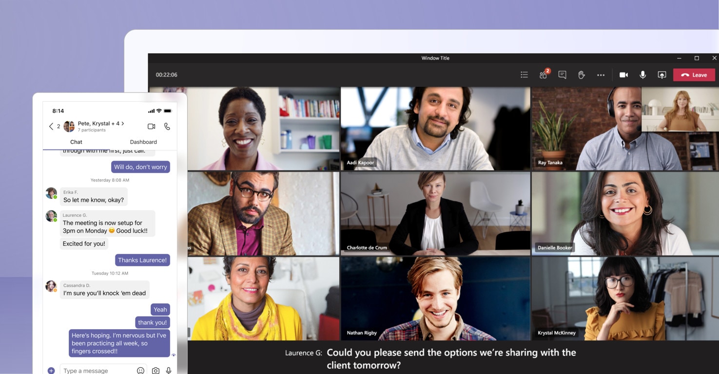 A Teams video call with 9 participants and a pop-out mobile window on the left showing a text conversation in Teams.