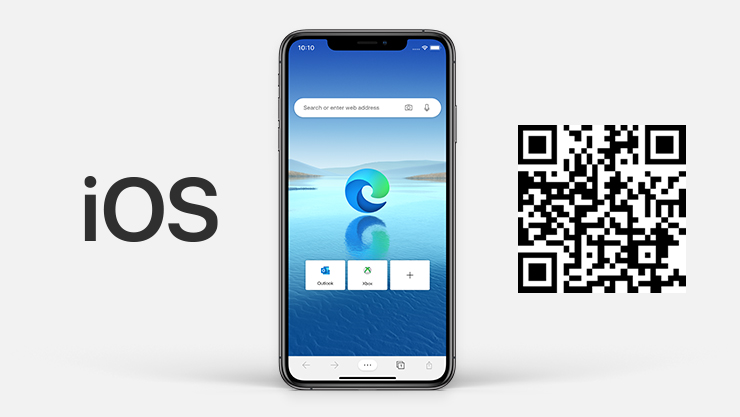 : iOS logo next to iPhone with Microsoft Edge on the screen and QR code.
