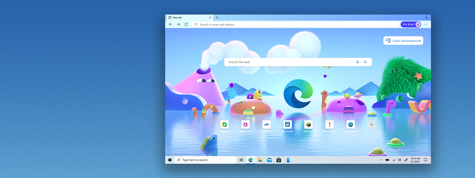 Microsoft Edge browser homescreen featuring various cartoon characters for Kids Mode