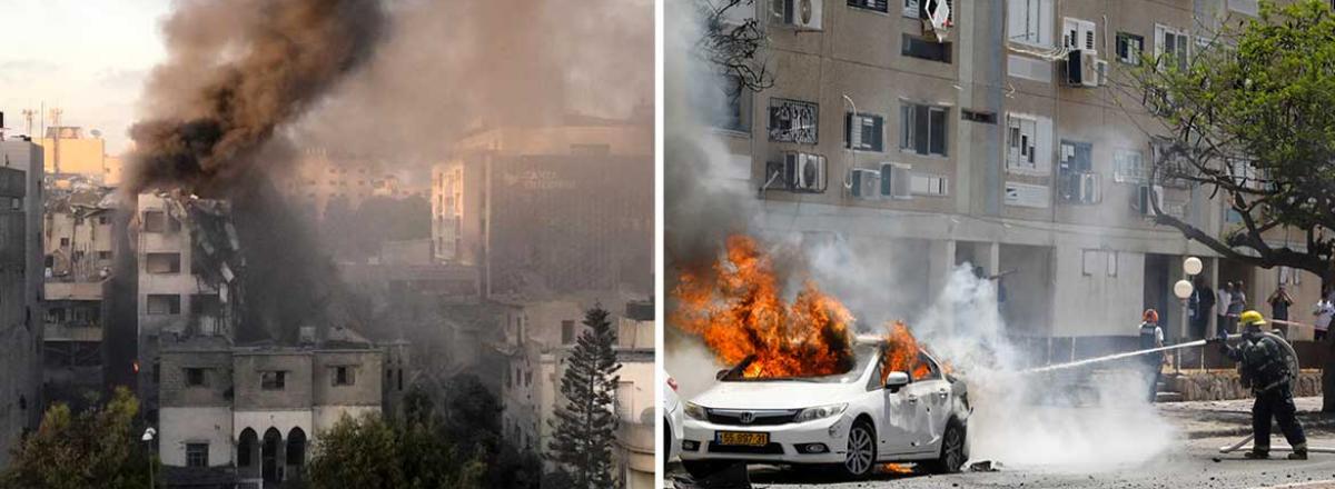 Right: A  building bombed in Gaza. Photo by Muhammad Sabah, B'Tselem. Left: A car hit by a rocket in Ashkelon. Photo by Nir Elias, Reuters.