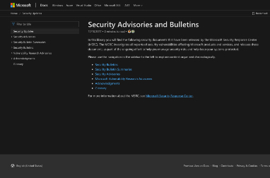 Screenshot of  a Microsoft web page that says Security Advisories and Bulletins