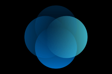 Graphic  of overlapping circles in different shades of blue and green on a black background