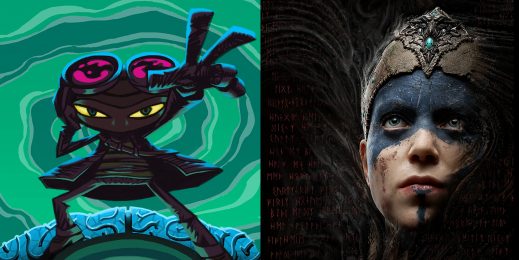 Two side by side images from the video games Psychonauts and Hellblade: Senua's Sacrifice