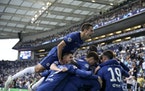 Chelsea’s Kai Havertz celebrates with teammates after scoring his side’s opening goal during the Champions League final 