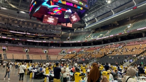 Vaccination tables are full on floor of Scotiabank Arena on June 27, 2021. (Beatrice Vaisman/CP24)