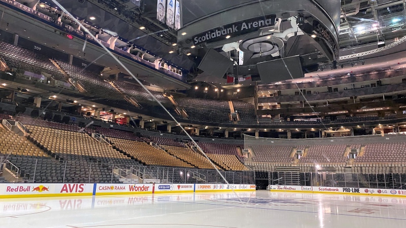 Fresh surfaced ice at Scotiabank Arena, home of the Toronto Maple Leafs, is shown in Toronto on March 12, 2020. THE CANADIAN PRESS/Joshua Clipperton