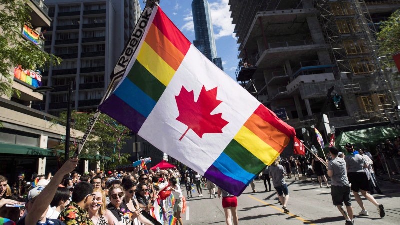A man holds a flag on a hockey stick during the Pride parade in Toronto on June 25, 2017.THE CANADIAN PRESS/Mark Blinch