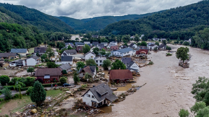 Damaged houses are seen at the Ahr river in Insul, western Germany, Thursday, July 15, 2021. (AP Photo/Michael Probst) 