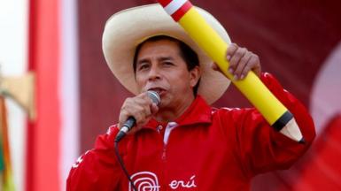 Pedro Castillo speaks during a campaign rally on 22 May