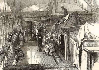 Deck view on board a small emigrant ship, with a schoolmaster teaching some young pupils. Based on artwork by J. Skinner Prout, 1849.