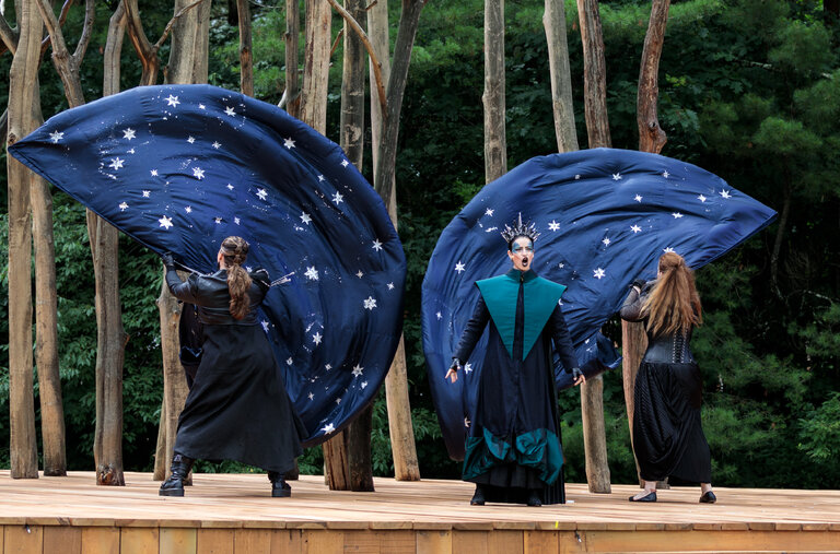 The Glimmerglass Festival had to abandon its state of the art theater for an outdoor stage. Here, Emily Misch, center, as Queen of the Night; Aaron Crouch, right, as Tamino; and ensemble members in “The Magic Flute.”