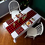 FSY 13'' x 70'' Buffalo Check Table Runner Placemats with 4 Plaid Mats, Black White Plaid Table Runner Place Mats for Indoor 