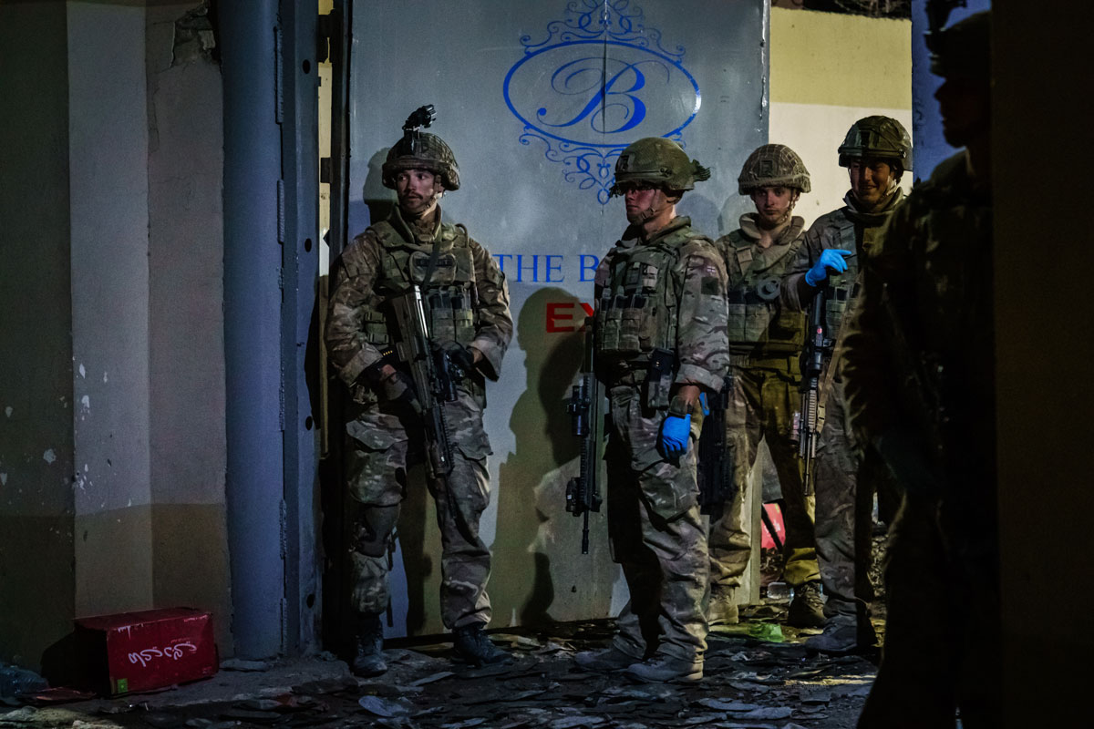 British soldiers secure the perimeter outside the Baron Hotel in Kabul, Afghanistan on August 26.