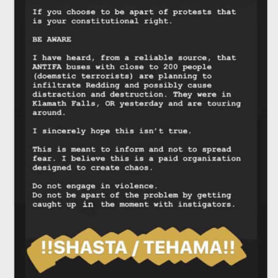 An Instagram story screenshot reads: "If you choose to be apart of protests that is your constitutional right. BE AWARE. I have heard, from a reliable source, that ANTIFA buses with close to 200 people (domestic terrorists) are planning to infiltrate Redding and possibly cause distraction and destruction. They were in Klamath Falls, OR yesterday and are touring around. I sincerely hope this isn't true. This is meant to inform and not to spread fear. I believe this is a paid organization designed to create chaos. Do not engage in violence. Do not be apart of the problem by getting caught up in the moment with instigators. !!SHASTA/TEHAMA!!"