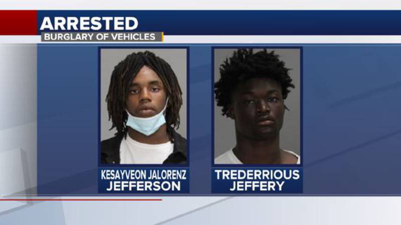Two 18-year-olds were arrested after thefts Sunday night including a stolen car.