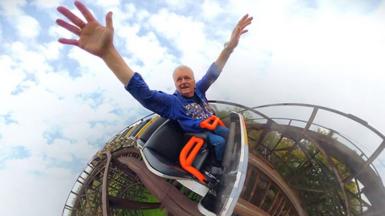 A super fan takes his 6,000th ride on a wooden rollercoaster after Covid delayed the milestone.