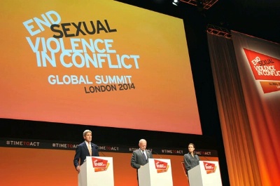 Secretary of State John Kerry addresses reporters during news conference with British Foreign Secretary William Hague and actress and UN Envoy Angelina Jolie at the conclusion of the 2014 Global Summit to End Sexual Violence in Conflict in London.