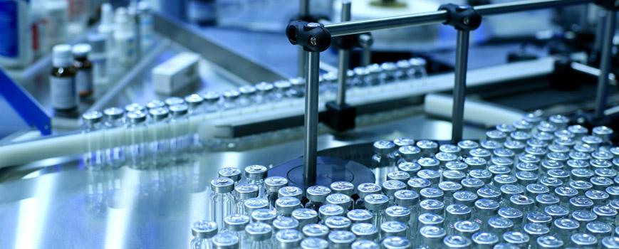 Medicine vials on a production line