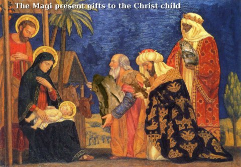 The Magi present gifts to the Christ child
