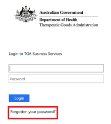 Screenshot of the Login to TGA Business Services page highlighting the 'Forgotten your password?' button